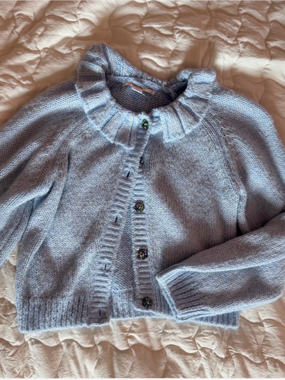 UO Kimchi Blue iridescent Knit Light Blue Button up cropped sweater - Picture 3 of 9